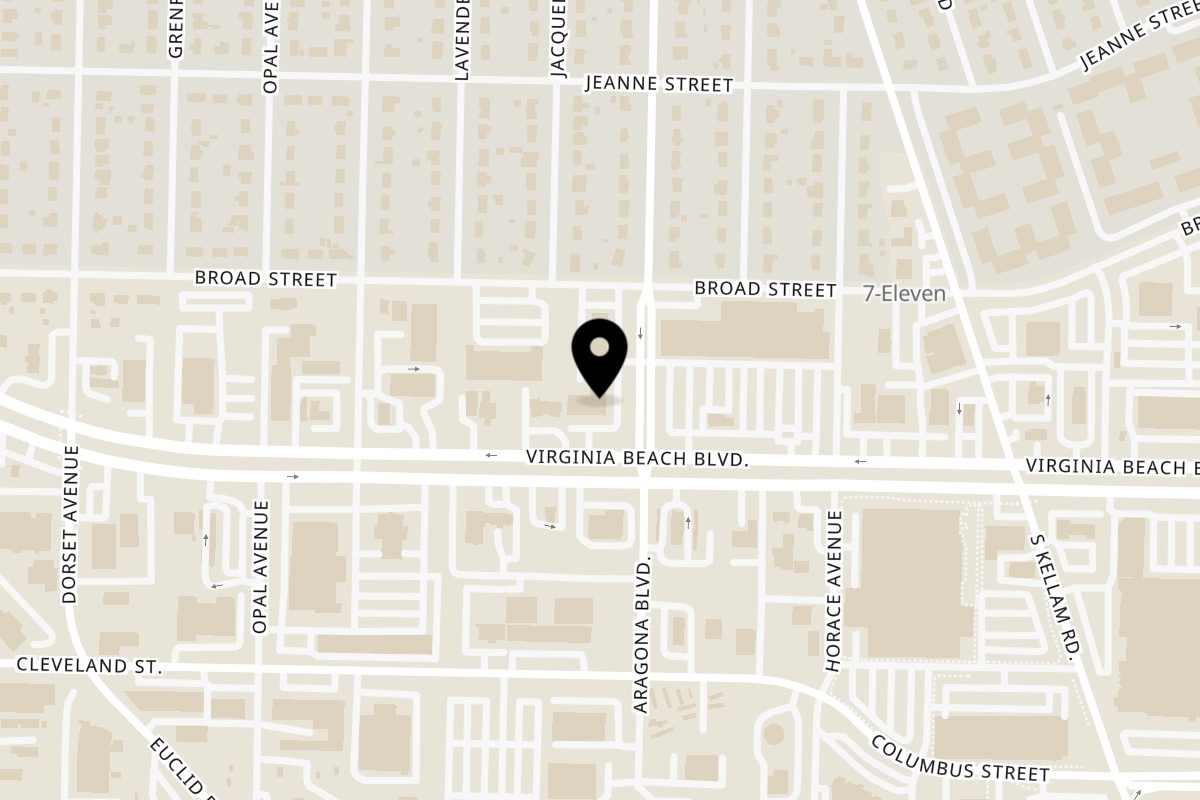Map showing the location of Bodacious Pizza & Grill on 309 Aragona Blvd #106 in Virginia Beach